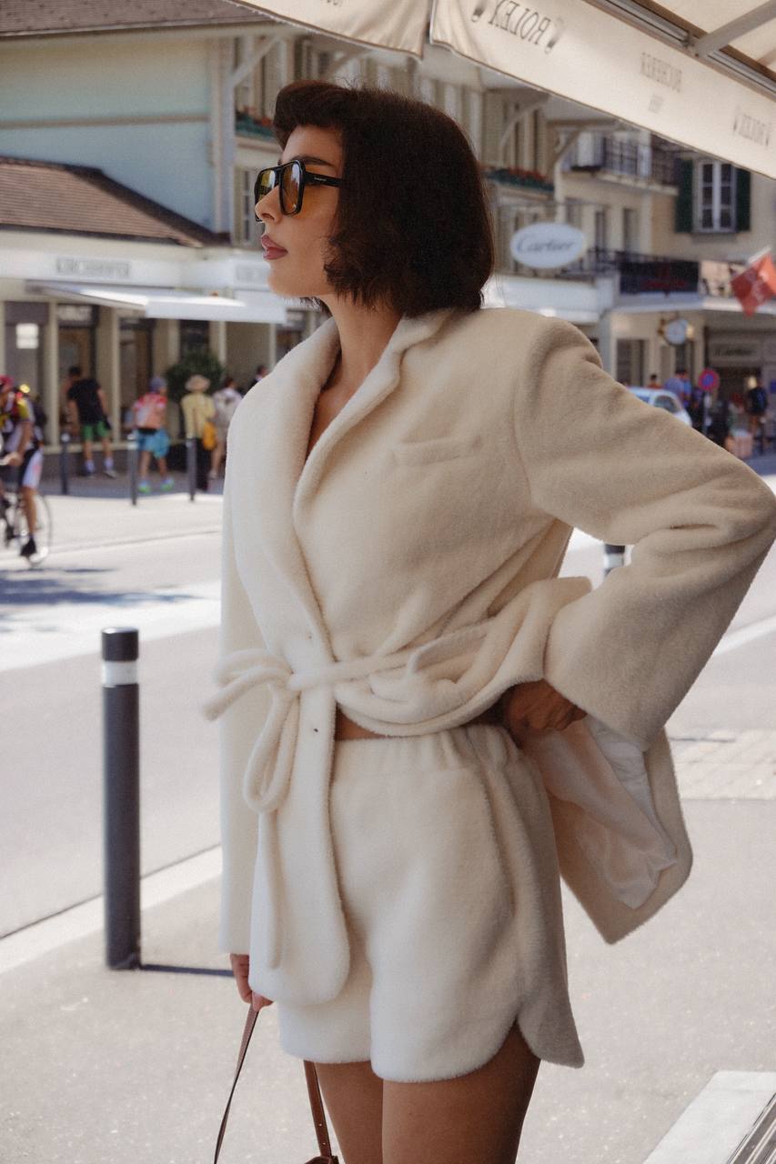 Textured Alpaca Wool Shorts, Milky — lifestyle — SHEVCHENKO