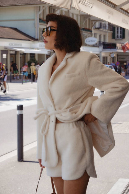 Textured Alpaca Wool Shorts, Milky — lifestyle — SHEVCHENKO