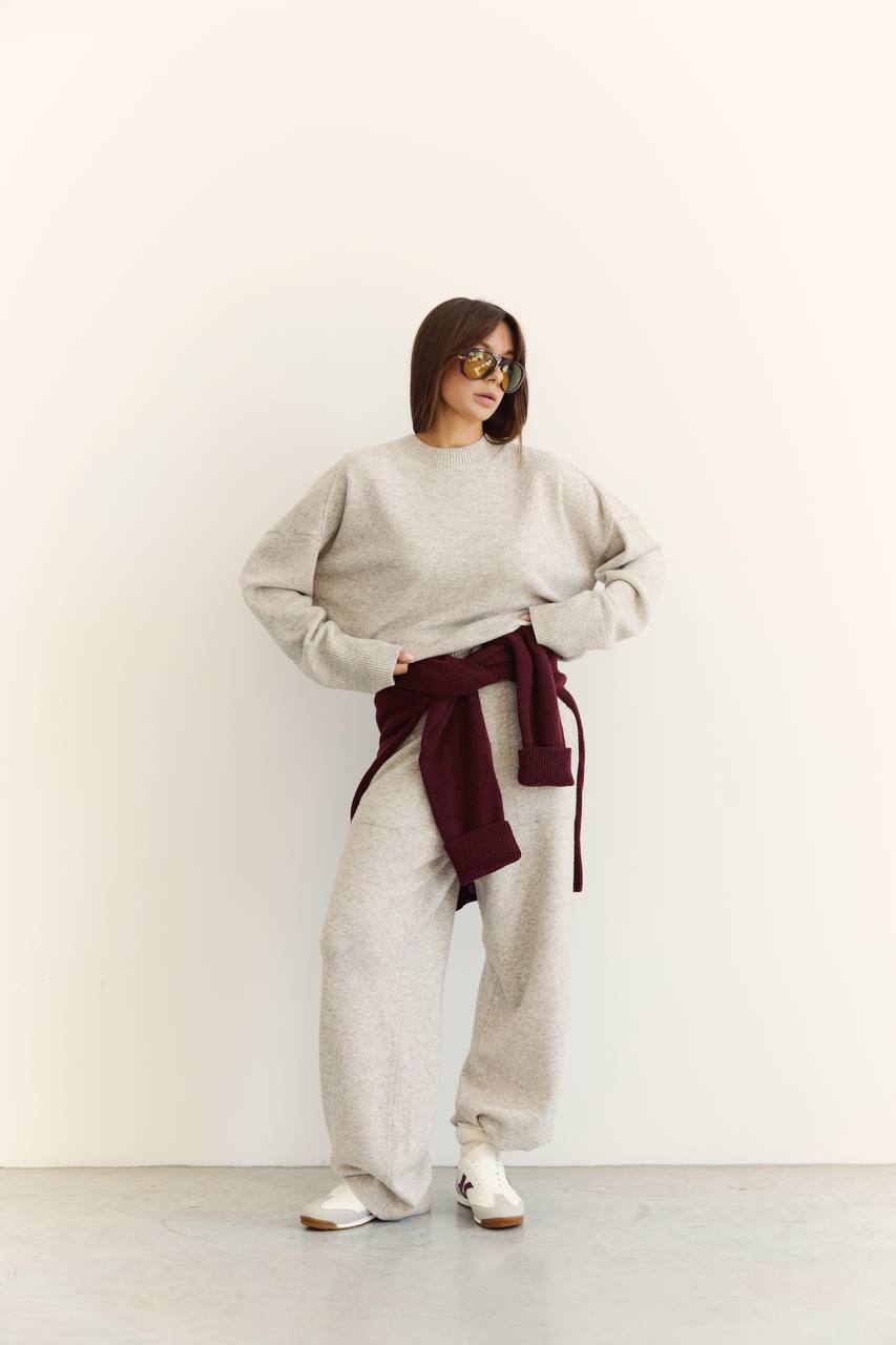 Lambswool Set — Sweater and Trousers, Light Beige Melange