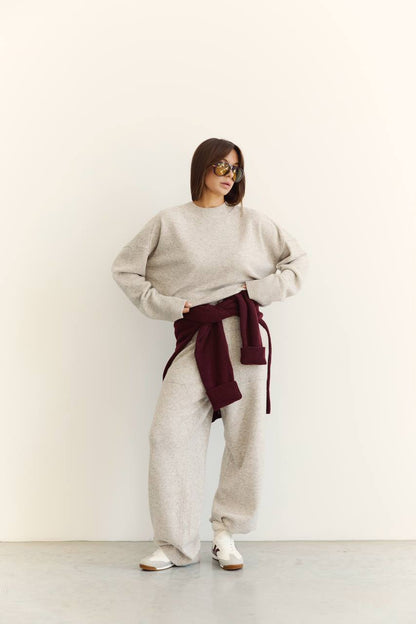 Lambswool Set — Sweater and Trousers, Light Beige Melange