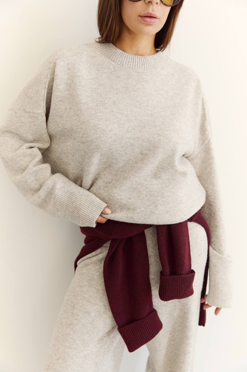 Lambswool Set — Sweater and Trousers, Light Beige Melange