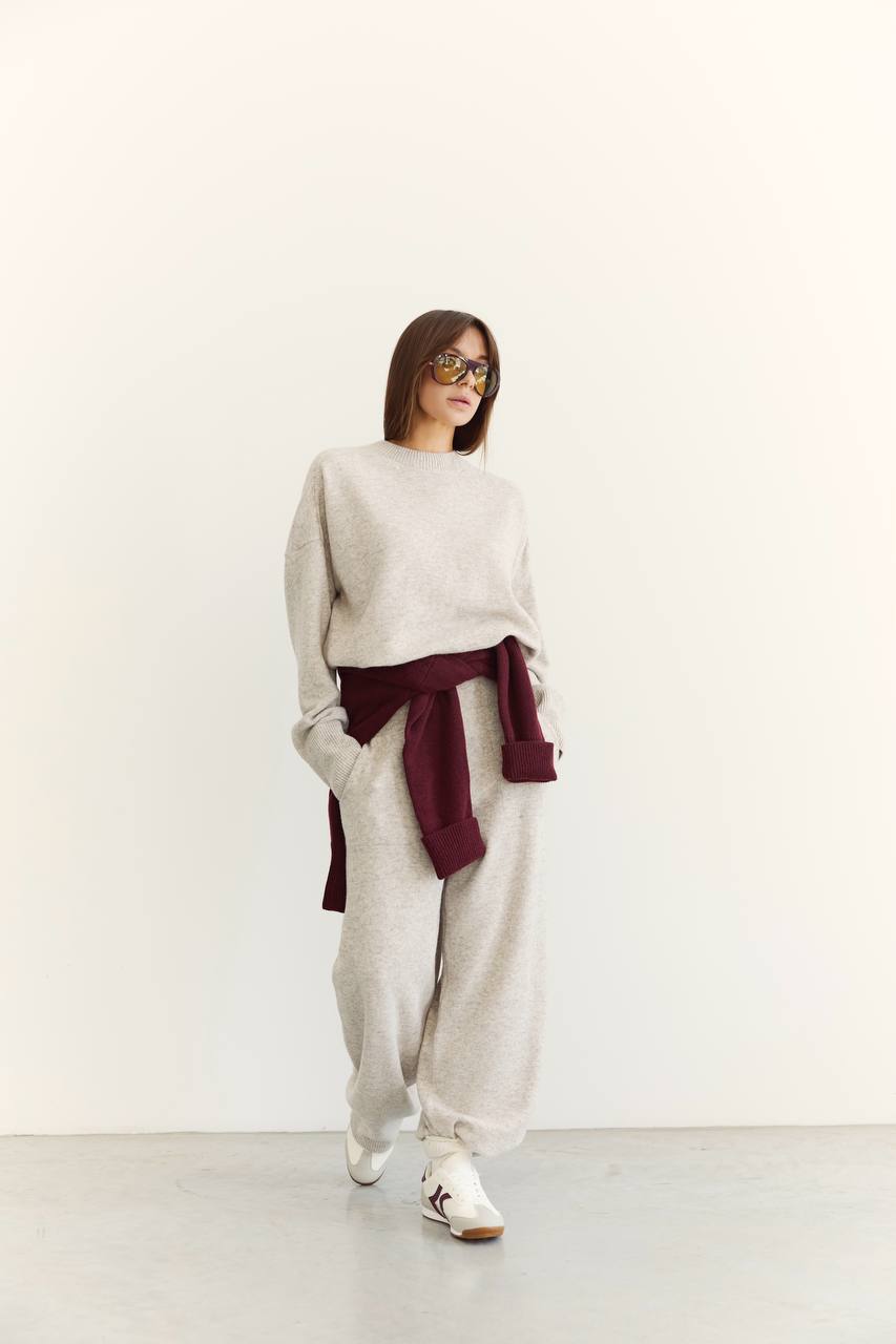 Lambswool Set — Sweater and Trousers, Light Beige Melange