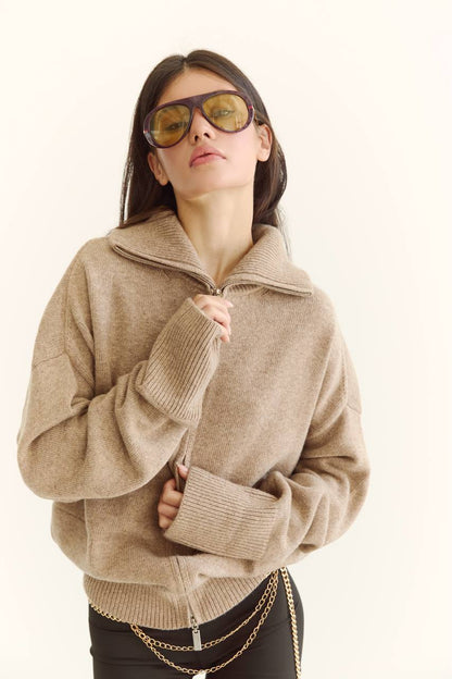 Zip-Up Lambswool Cardigan, Beige — lifestyle — SHEVCHENKO