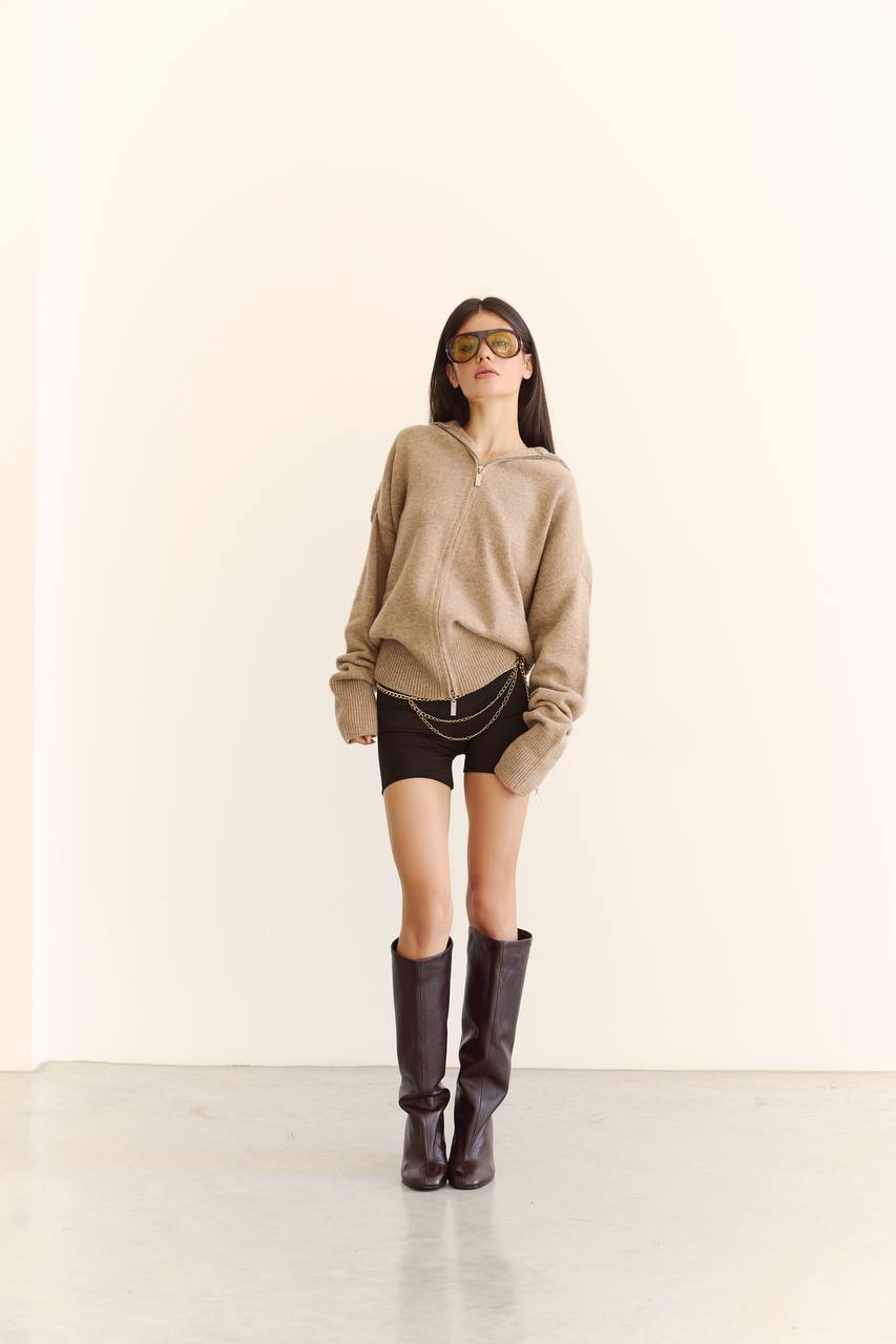 Zip-Up Lambswool Cardigan, Beige — lifestyle — SHEVCHENKO