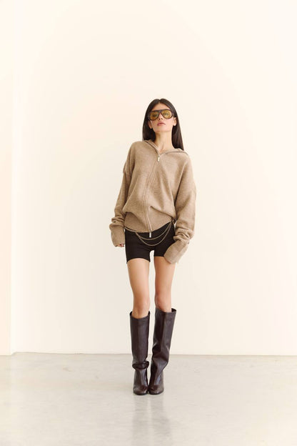 Zip-Up Lambswool Cardigan, Beige — lifestyle — SHEVCHENKO