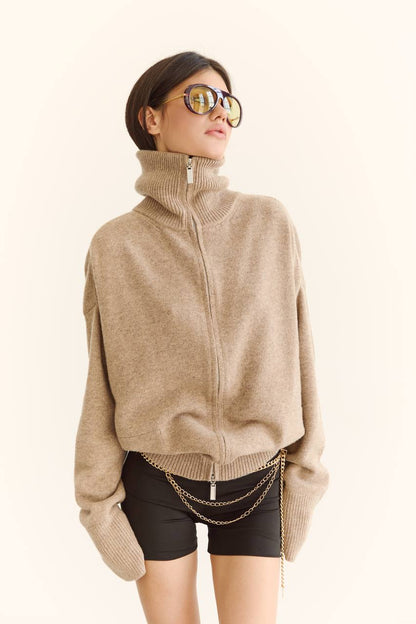 Zip-Up Lambswool Cardigan, Beige — lifestyle — SHEVCHENKO