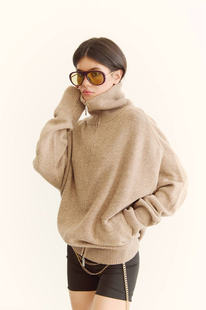 Zip-Up Lambswool Cardigan, Beige — lifestyle — SHEVCHENKO