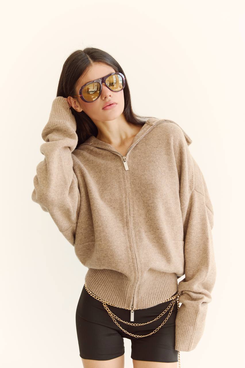 Zip-Up Lambswool Cardigan, Beige — lifestyle — SHEVCHENKO