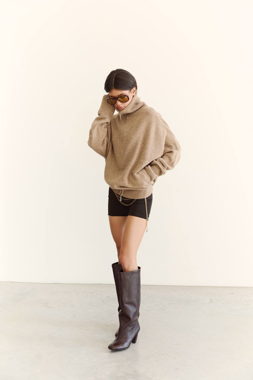 Zip-Up Lambswool Cardigan, Beige — lifestyle — SHEVCHENKO
