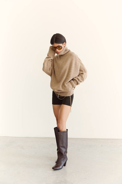 Zip-Up Lambswool Cardigan, Beige — lifestyle — SHEVCHENKO