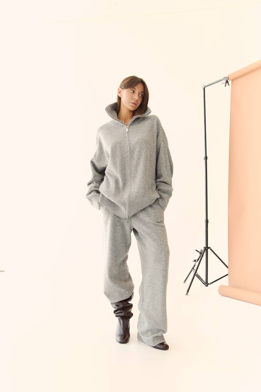 Lambswool Set: Zip-Up Cardigan and Trousers, Gray — lifestyle — SHEVCHENKO