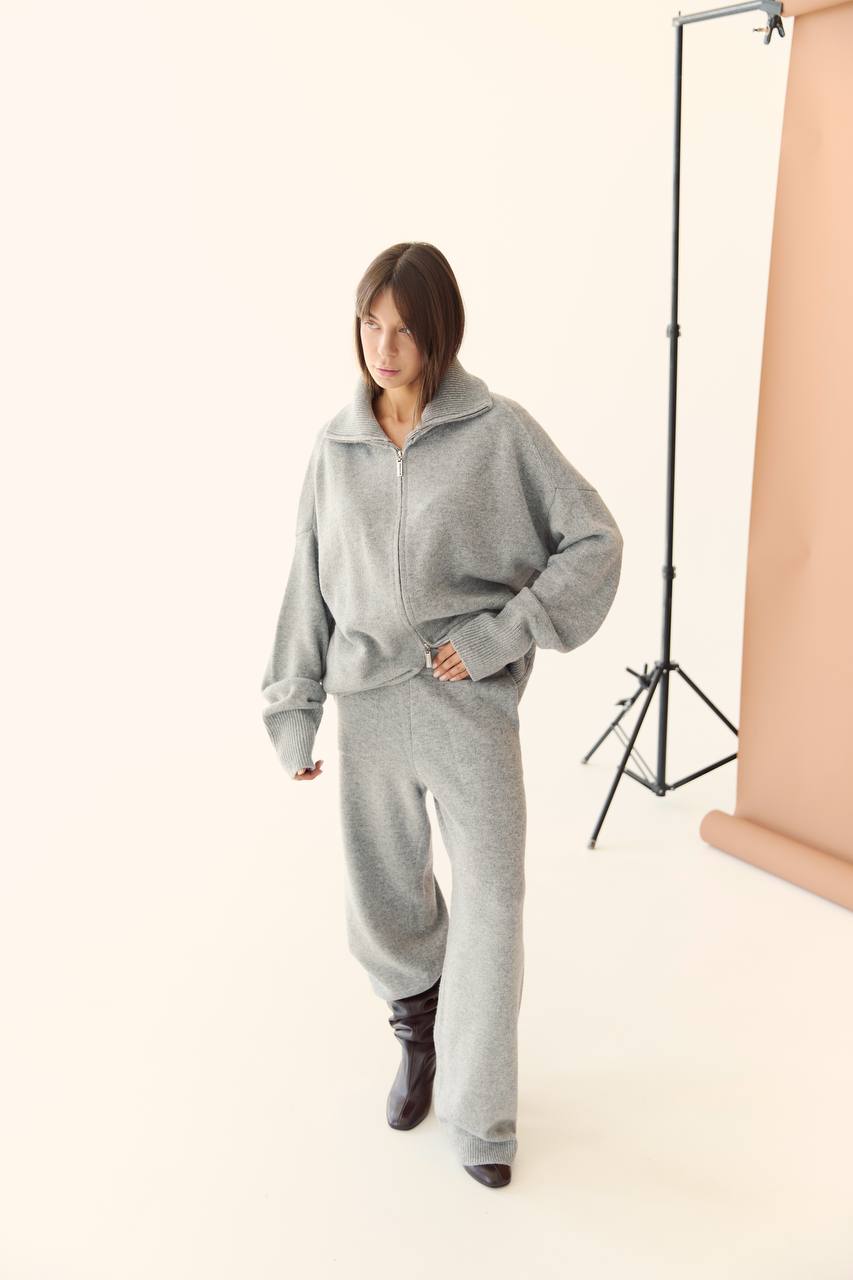 Lambswool Set: Zip-Up Cardigan and Trousers, Gray — lifestyle — SHEVCHENKO