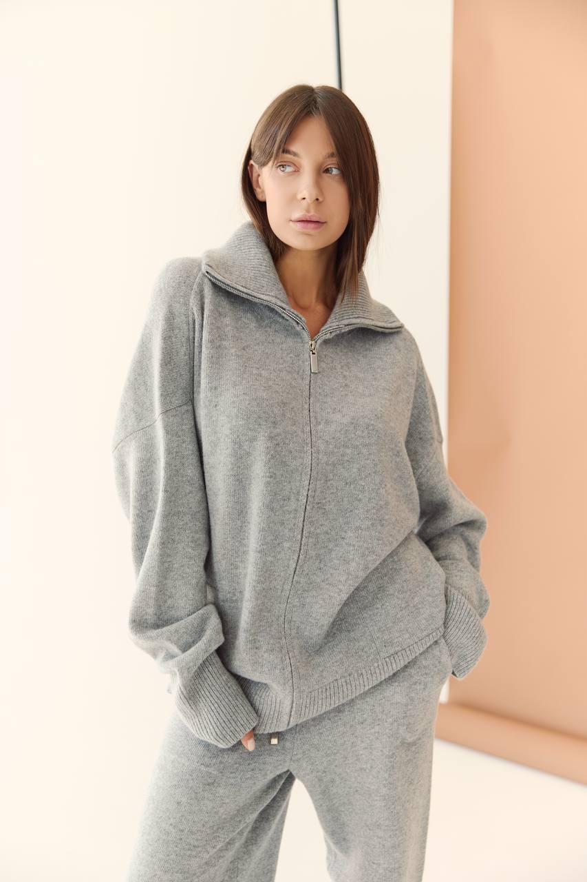 Lambswool Set: Zip-Up Cardigan and Trousers, Gray — lifestyle — SHEVCHENKO