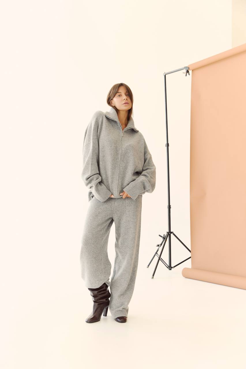 Lambswool Set: Zip-Up Cardigan and Trousers, Gray — lifestyle — SHEVCHENKO