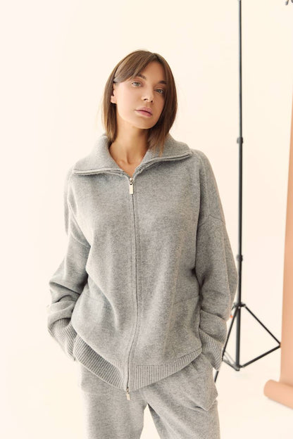 Lambswool Set: Zip-Up Cardigan and Trousers, Gray — lifestyle — SHEVCHENKO