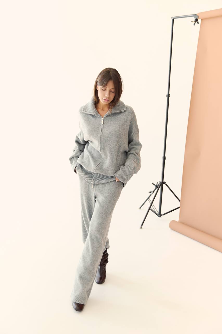 Lambswool Set: Zip-Up Cardigan and Trousers, Gray — lifestyle — SHEVCHENKO