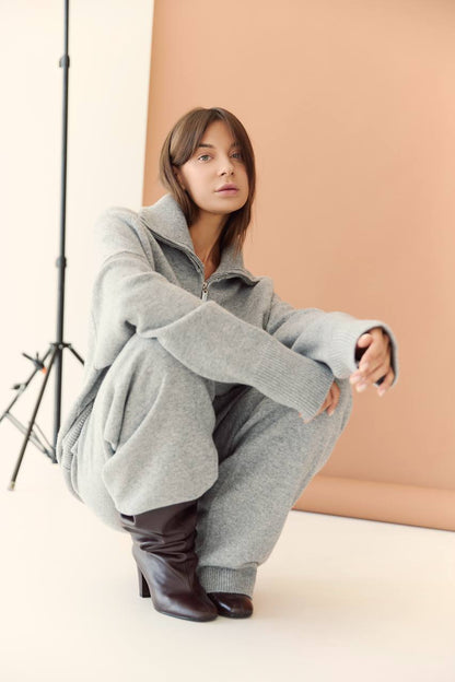 Lambswool Set: Zip-Up Cardigan and Trousers, Gray — lifestyle — SHEVCHENKO