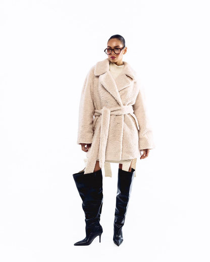 Faux Fur Coat, Milk Cream — front — SHEVCHENKO