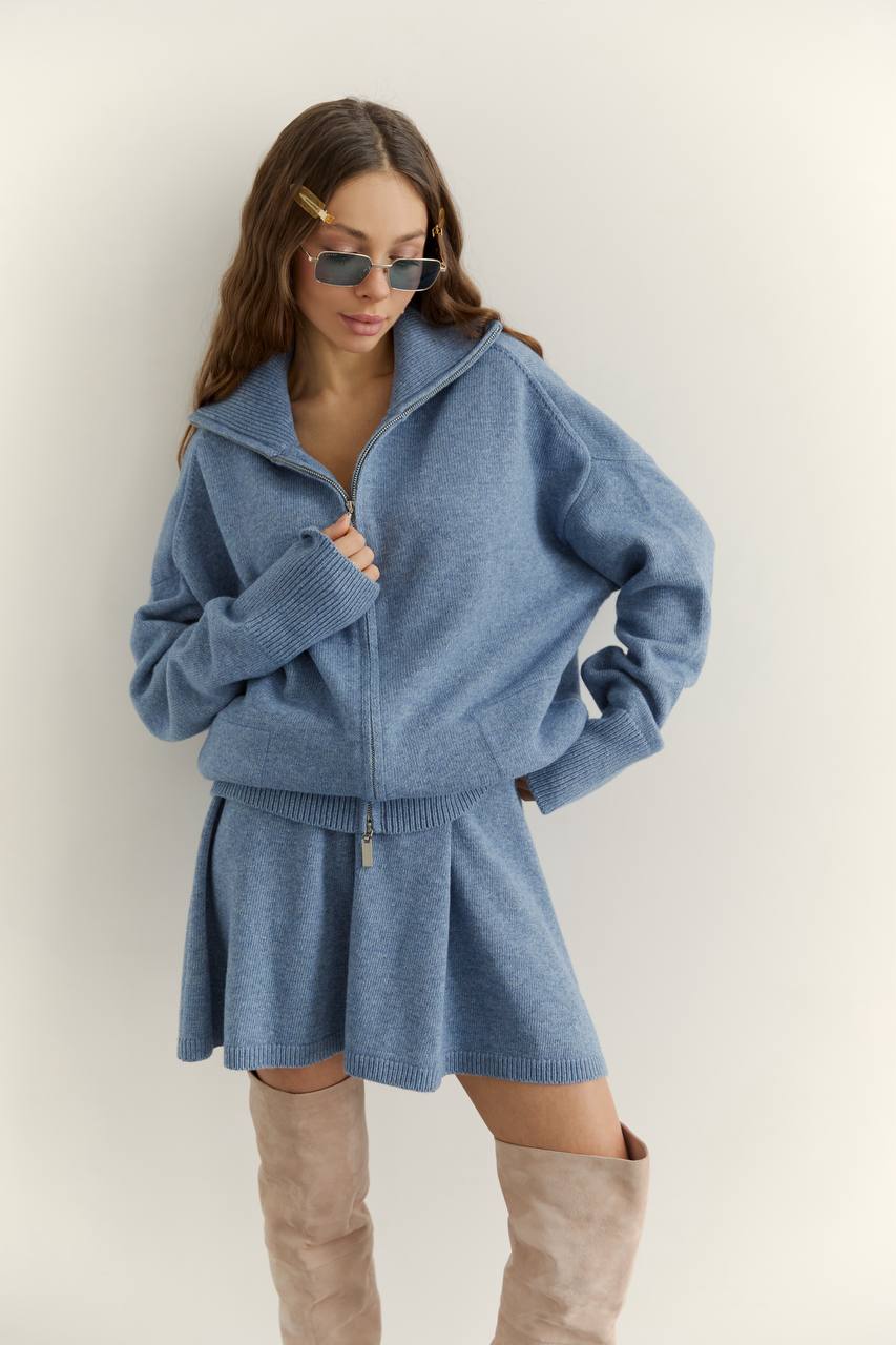 Lambswool Set: Zip-Up Cardigan and Skirt, Denim — front — SHEVCHENKO