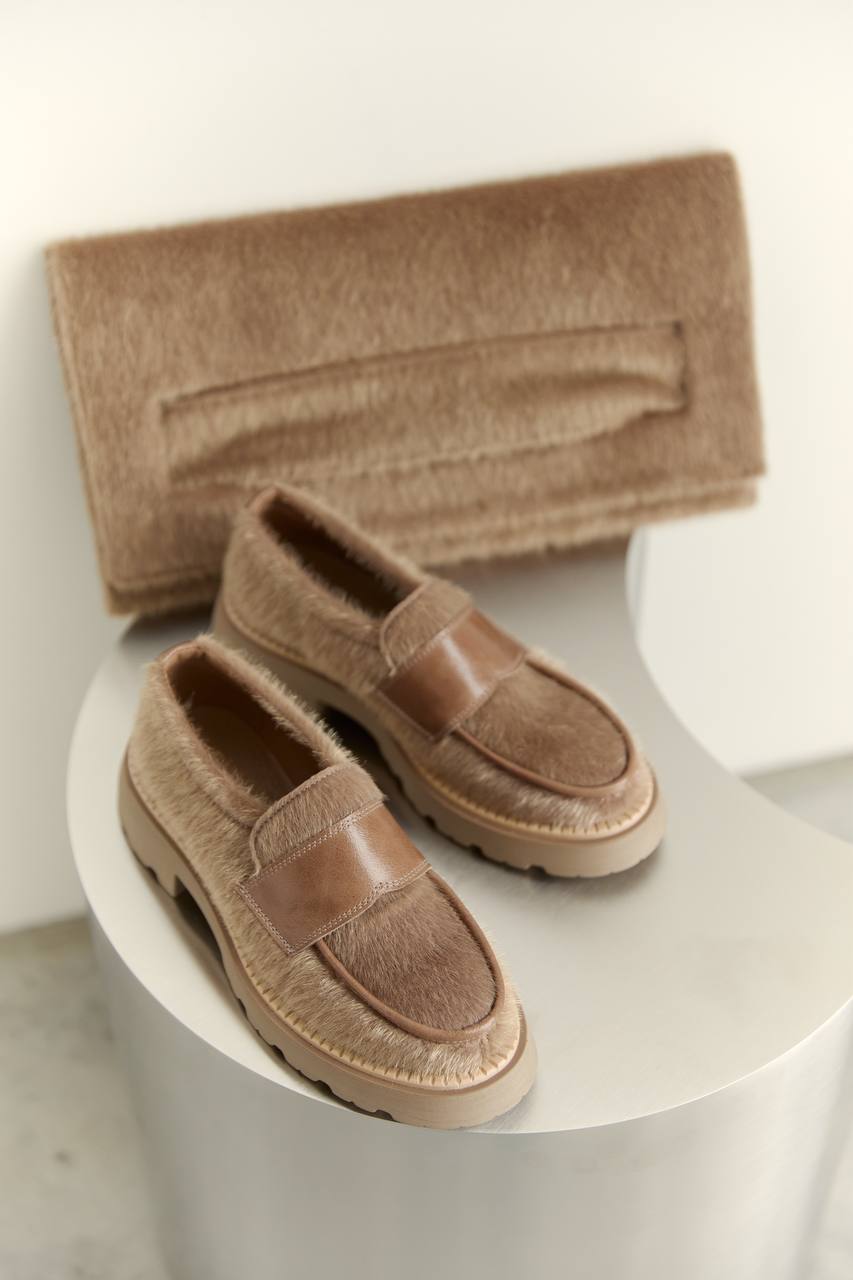 Pony-Effect Eco-Leather Loafers, Caramel — side — SHEVCHENKO