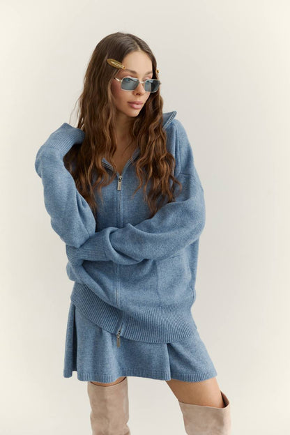 Lambswool Set: Zip-Up Cardigan and Skirt, Denim — side — SHEVCHENKO