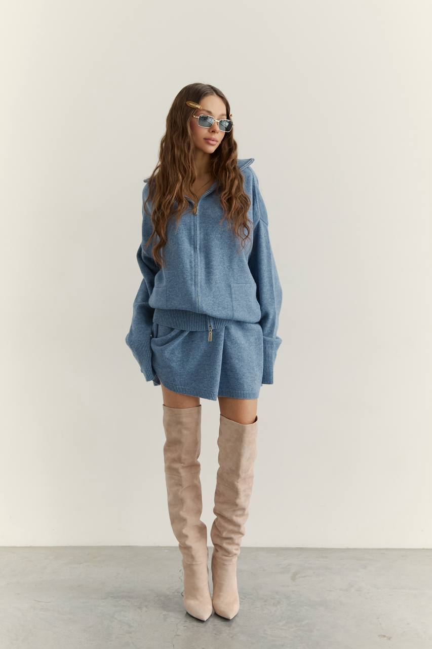 Lambswool Set: Zip-Up Cardigan and Skirt, Denim — detail — SHEVCHENKO