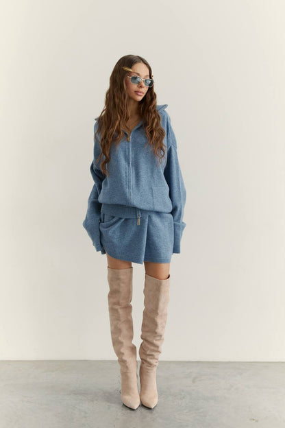 Lambswool Set: Zip-Up Cardigan and Skirt, Denim — detail — SHEVCHENKO