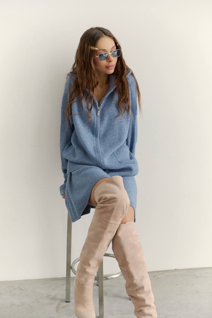 Lambswool Set: Zip-Up Cardigan and Skirt, Denim — look — SHEVCHENKO