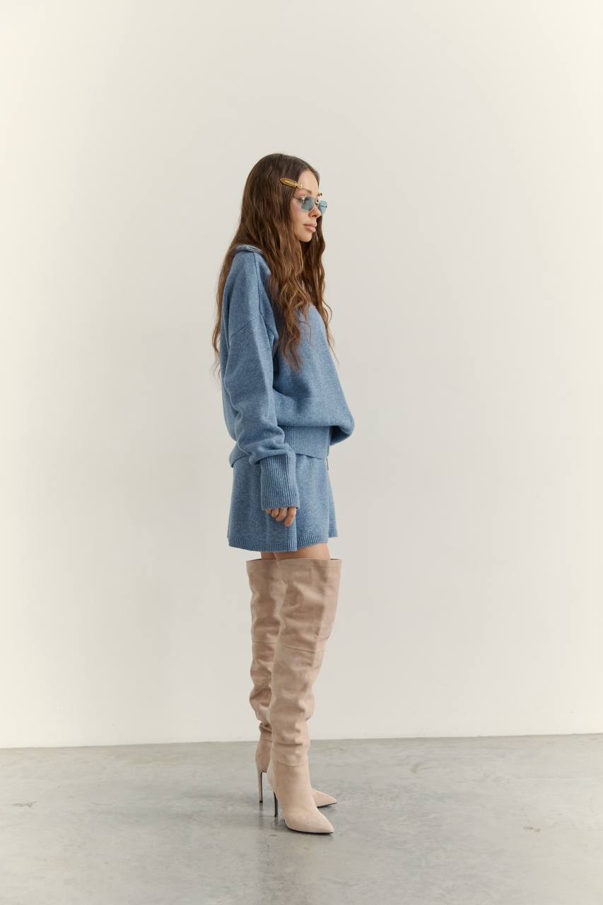 Lambswool Set: Zip-Up Cardigan and Skirt, Denim — lifestyle — SHEVCHENKO