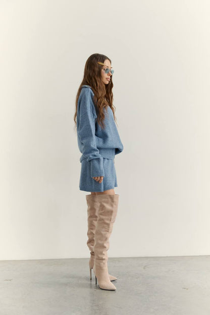 Lambswool Set: Zip-Up Cardigan and Skirt, Denim — lifestyle — SHEVCHENKO
