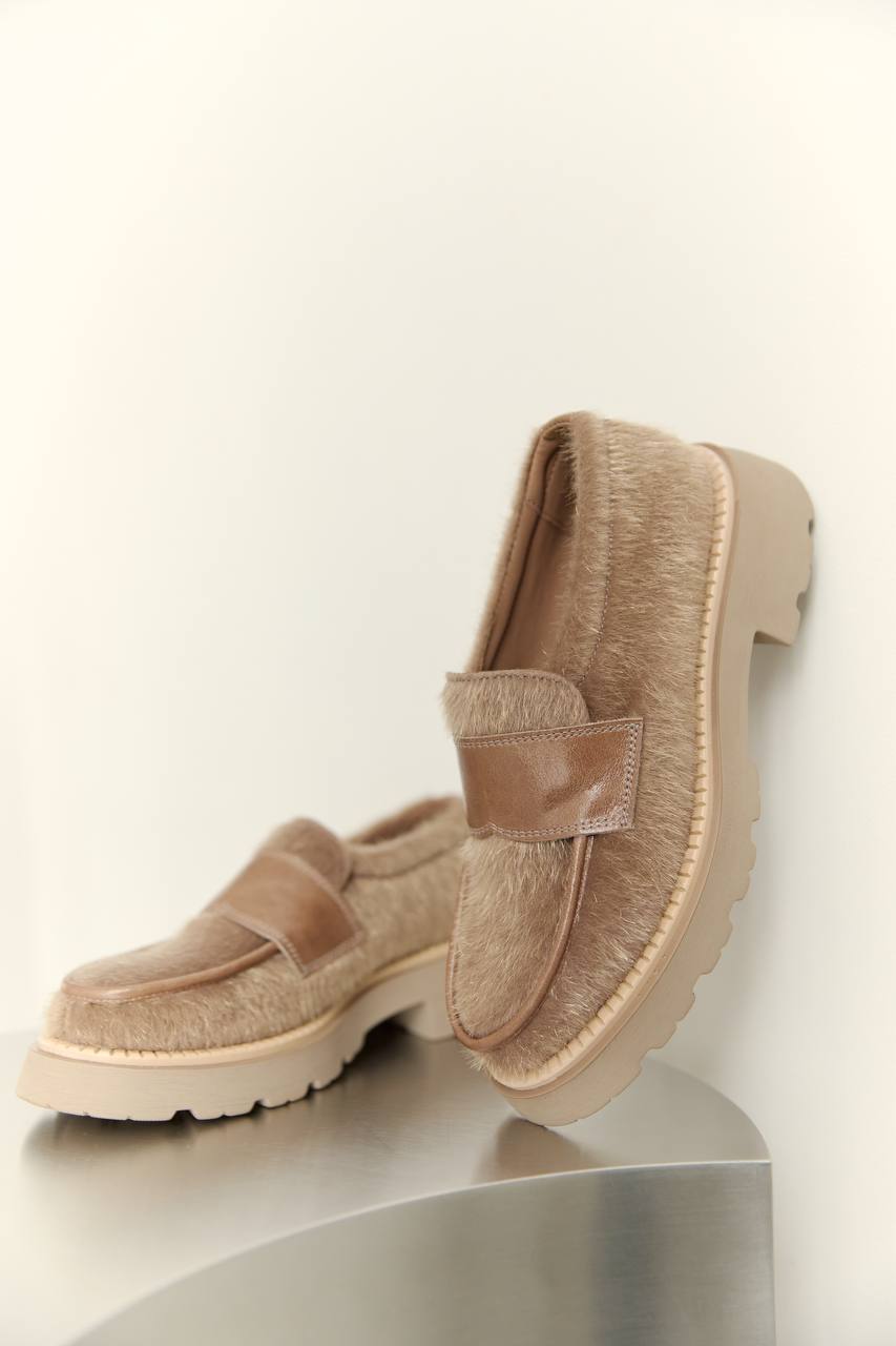Pony-Effect Eco-Leather Loafers, Caramel — detail — SHEVCHENKO