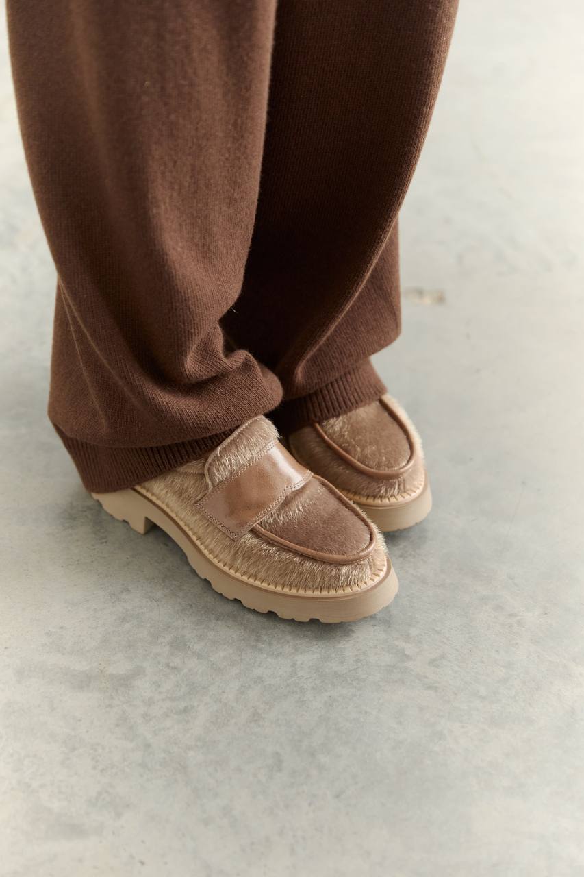 Pony-Effect Eco-Leather Loafers, Caramel — lifestyle — SHEVCHENKO