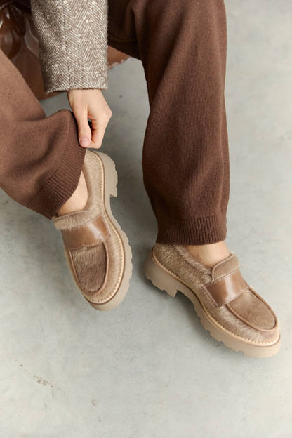 Pony-Effect Eco-Leather Loafers, Caramel — front — SHEVCHENKO