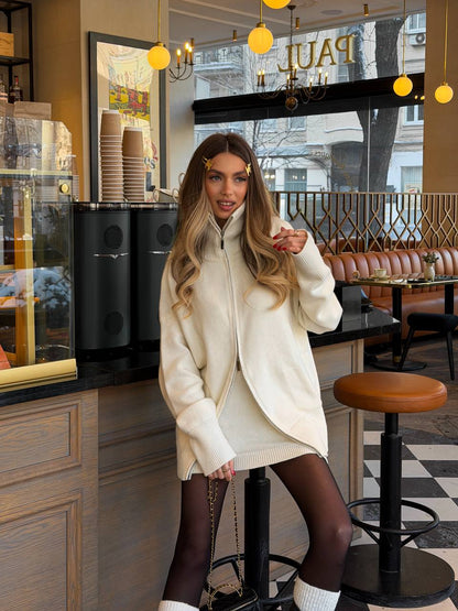 Lambswool Set: Zip-Up Cardigan and Skirt, Milky — front — SHEVCHENKO