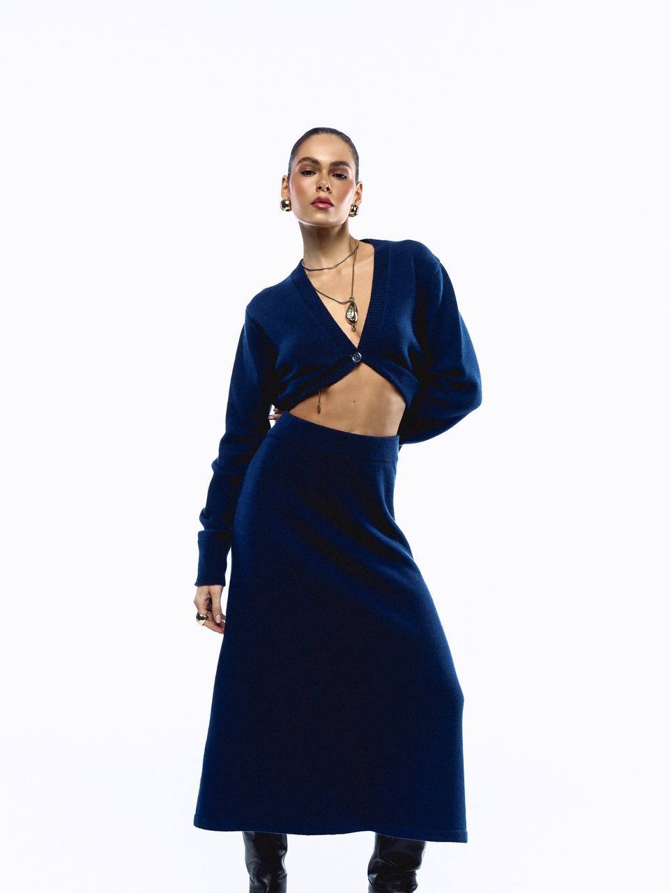 Lambswool Set: Button-Front Cardigan and Midi Skirt, Blue — side — SHEVCHENKO