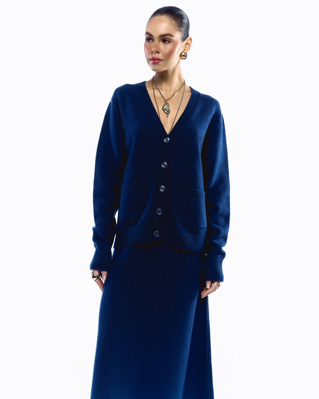 Lambswool Set: Button-Front Cardigan and Midi Skirt, Blue — detail — SHEVCHENKO