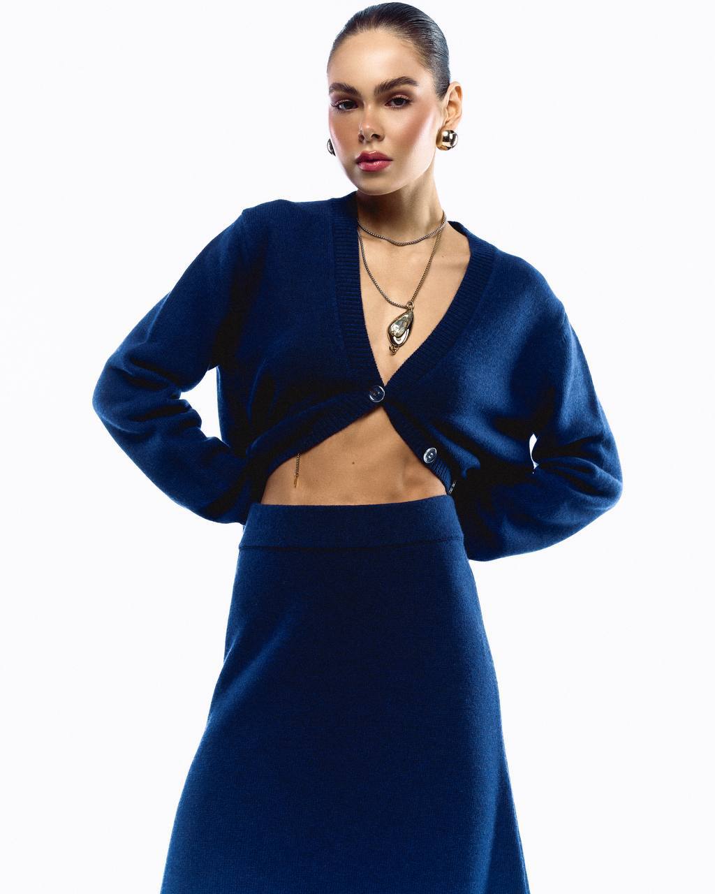 Lambswool Set: Button-Front Cardigan and Midi Skirt, Blue — look — SHEVCHENKO