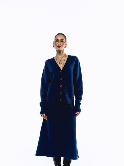 Lambswool Set: Button-Front Cardigan and Midi Skirt, Blue — lifestyle — SHEVCHENKO