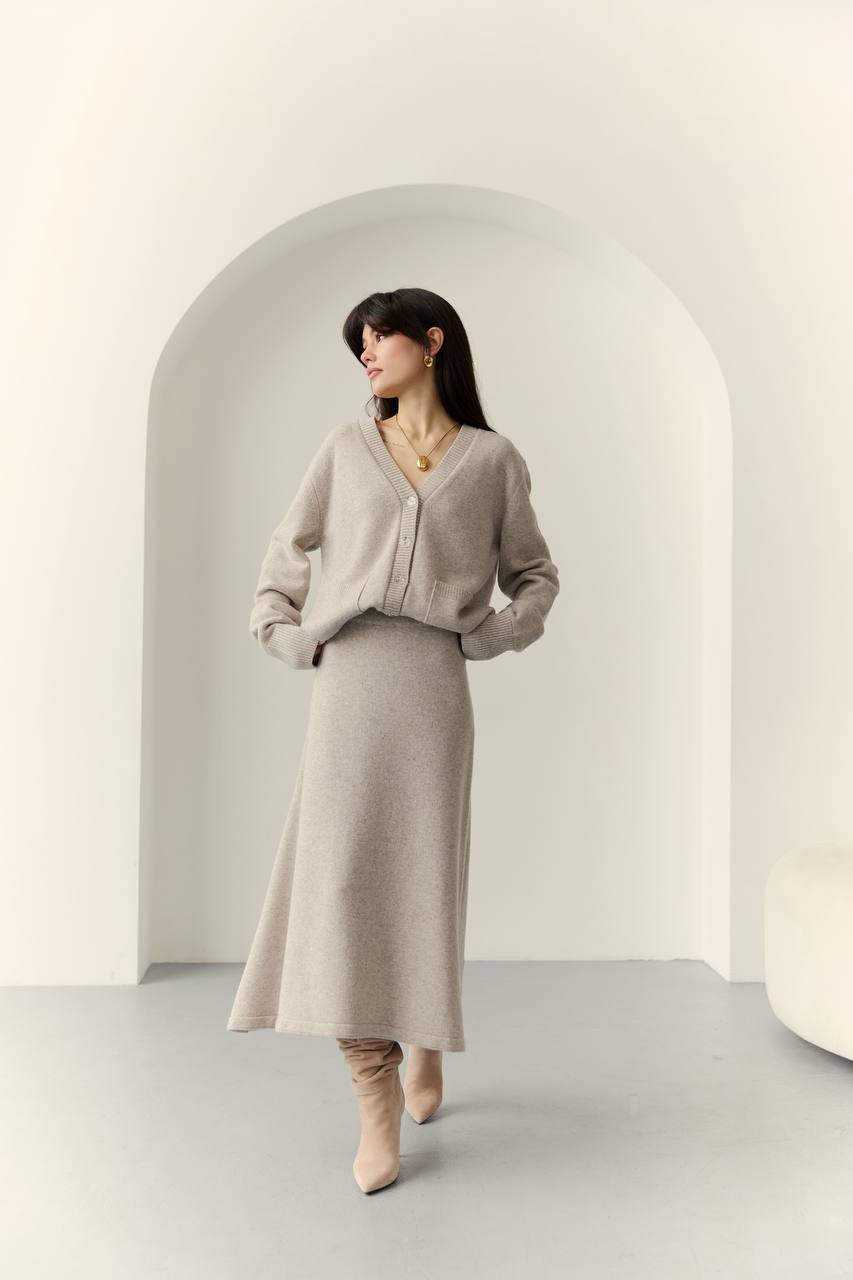 Lambswool Set: Button-Front Cardigan and Midi Skirt — front — SHEVCHENKO