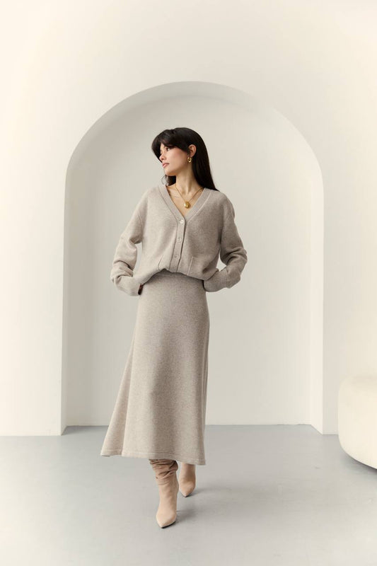 Lambswool Set: Button-Front Cardigan and Midi Skirt — front — SHEVCHENKO