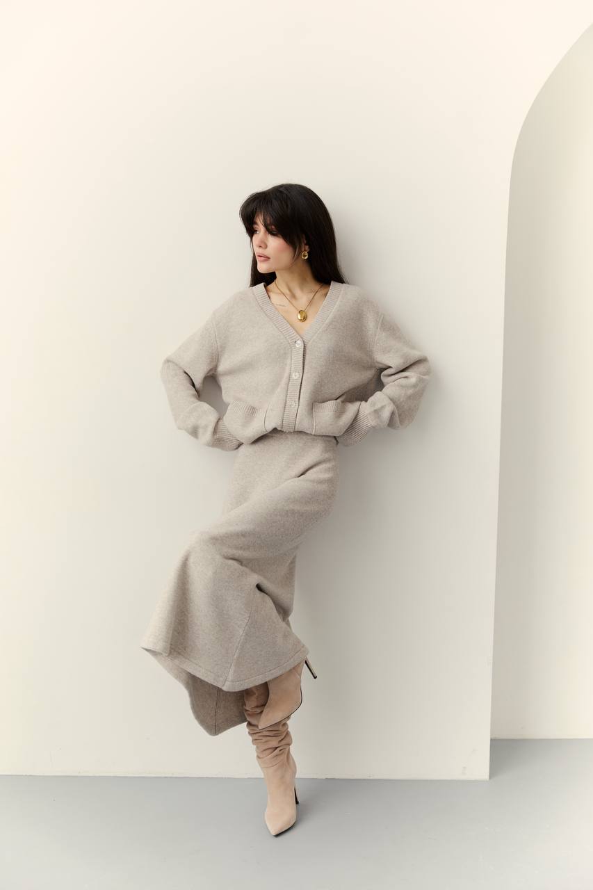 Lambswool Set: Button-Front Cardigan and Midi Skirt — detail — SHEVCHENKO
