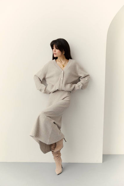 Lambswool Set: Button-Front Cardigan and Midi Skirt — detail — SHEVCHENKO