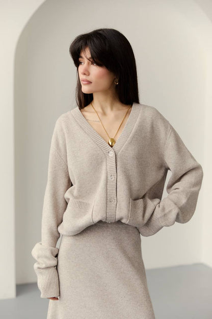 Lambswool Set: Button-Front Cardigan and Midi Skirt — side — SHEVCHENKO