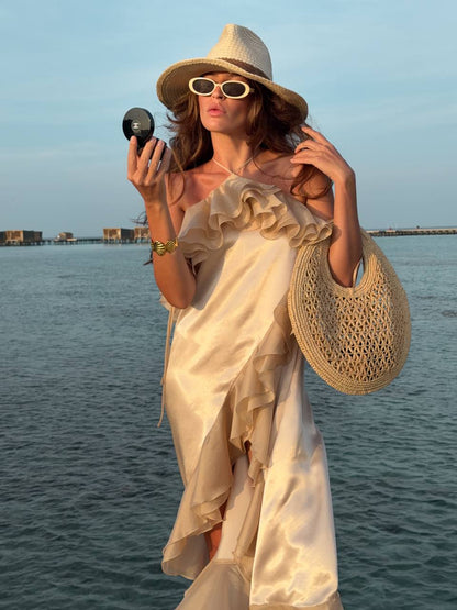 Viscose Midi Dress, Beige — side — SHEVCHENKO