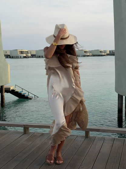Viscose Midi Dress, Beige — lifestyle — SHEVCHENKO