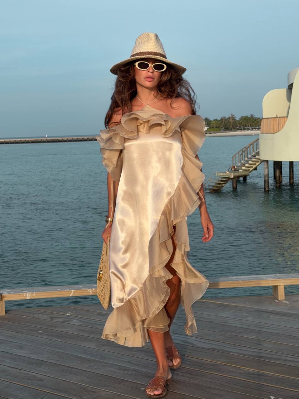 Viscose Midi Dress, Beige — front — SHEVCHENKO