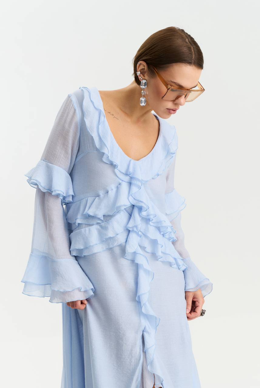 Long-Sleeve Chiffon Dress, Light Blue — lifestyle — SHEVCHENKO