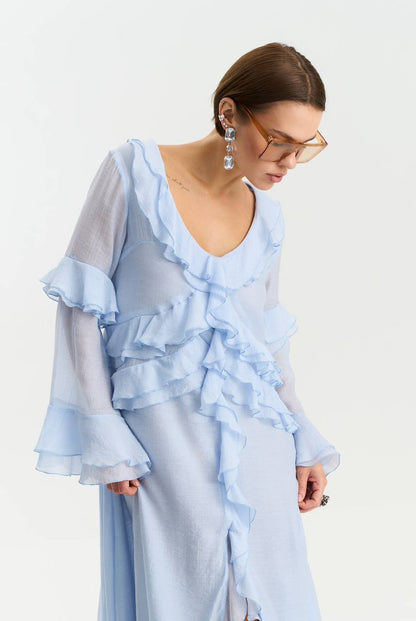 Long-Sleeve Chiffon Dress, Light Blue — lifestyle — SHEVCHENKO