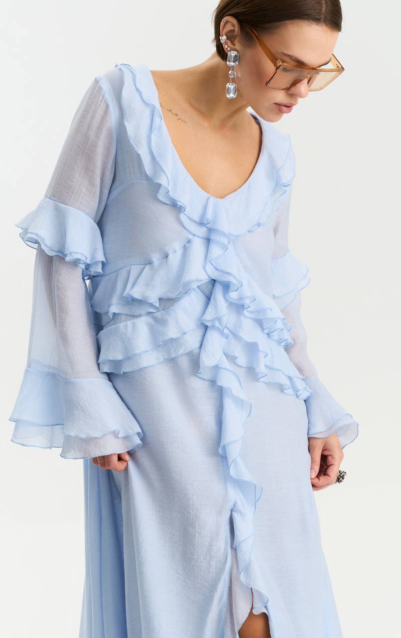 Long-Sleeve Chiffon Dress, Light Blue — front — SHEVCHENKO