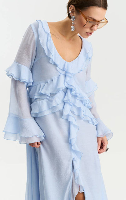 Long-Sleeve Chiffon Dress, Light Blue — front — SHEVCHENKO